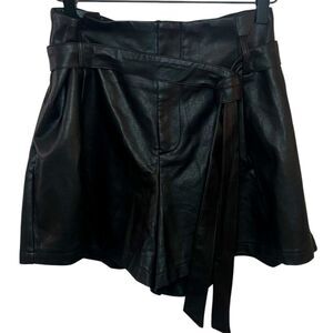 Women’s Faux Leather High-Waisted Paperbag Shorts with Belt – Black, Size XXL